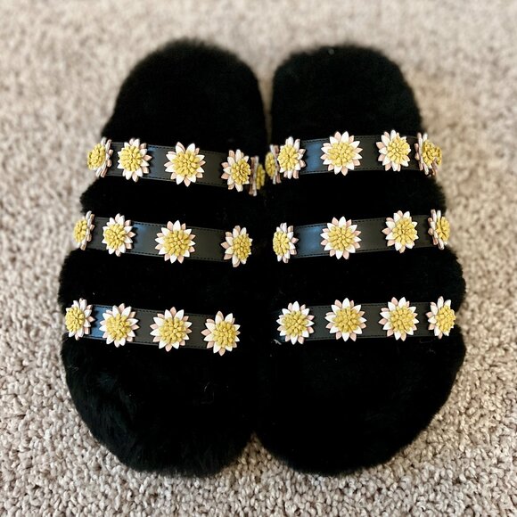 Fabrizio Viti Black Shearling and Leather Daisy Embellished Slip On Sandals - Picture 3 of 5